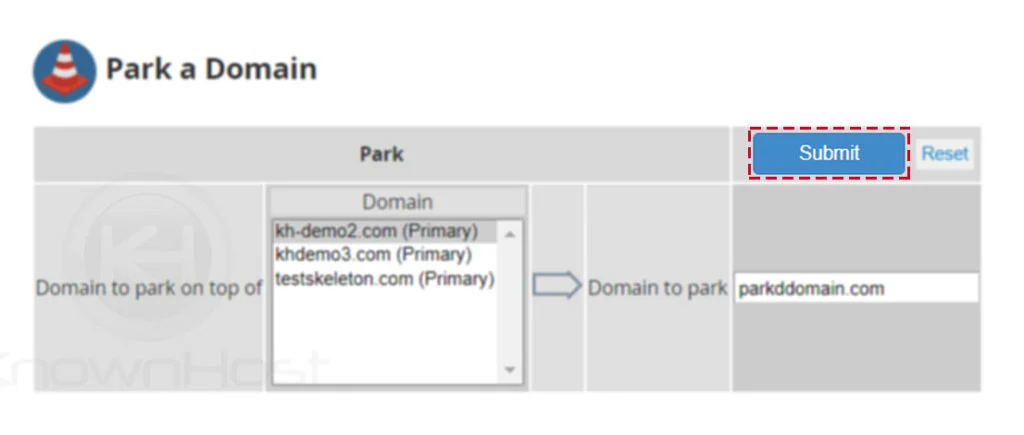 click-on-submit-park-domain-whm